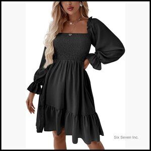 Polyester Spandex Square Neck Lantern Sleeve Ruffle Shirred Mini Dress